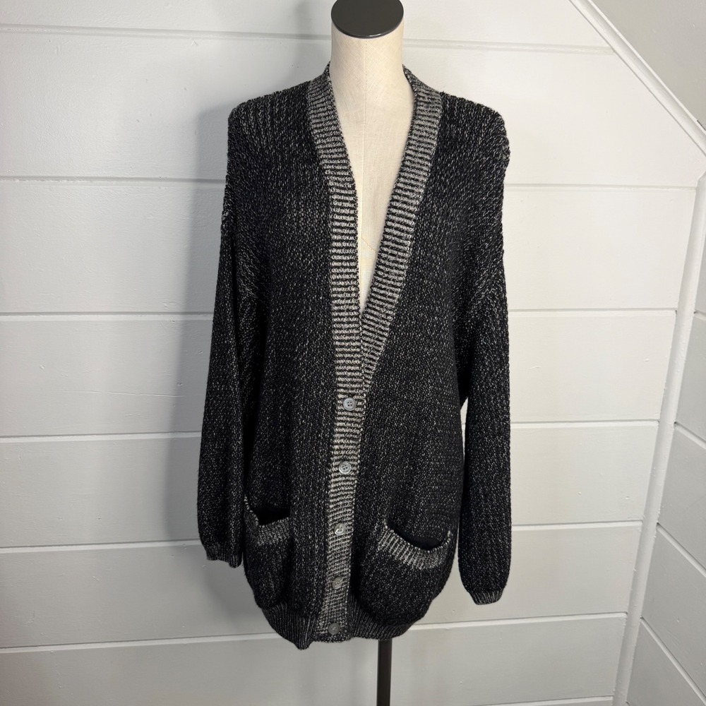 Vintage 100% Pure Wool DKNY Donna Karan New York Oversized Cardigan Black Gray